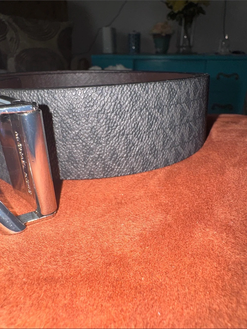 Michael Kors black Leather Belt with Silver MK Logo Buckle